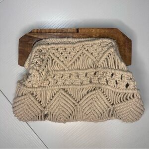 Beige Macrame Clutch with Wooden Handle